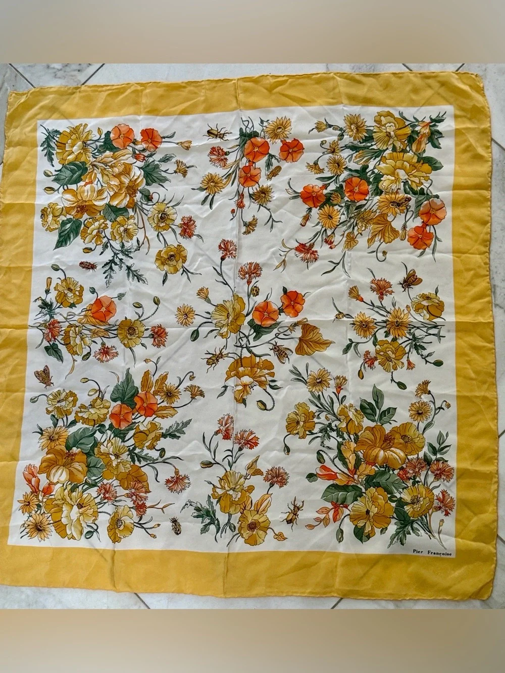 Pier Francoise Vintage Yellow Floral Silk Scarf 33” by 34”